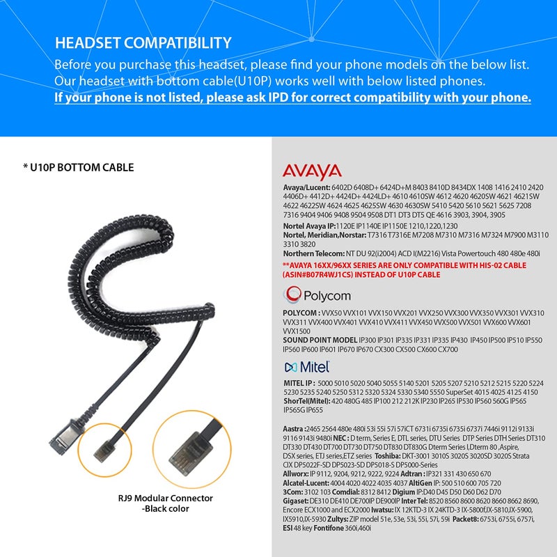 IPD IPH-165 Phone Headset with Noise Cancelling Microhone for Office and Call Center- Comapatible with Polycom VVX,Aastra,Avaya Digital, Nortel, Samsung,Mitel landline Phones - Image 2